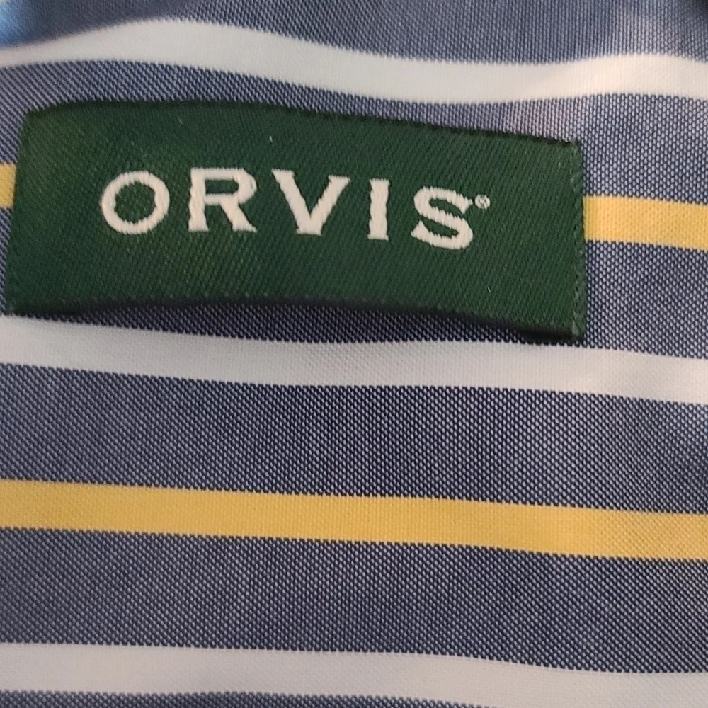 Orvis Mens Button Down Shirt Longsleeve Gray/Gold/White Striped‎ Size XL EUC